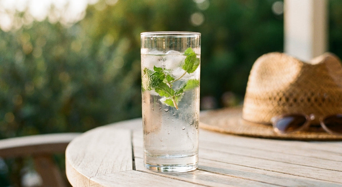 A glass of cool water on a sunny summer day