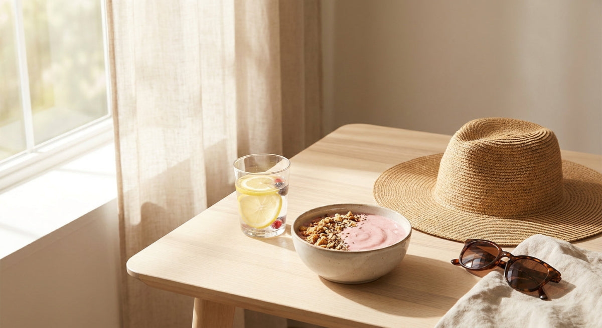 Summer skin care - smoothie, fruit and a hat on a bright table