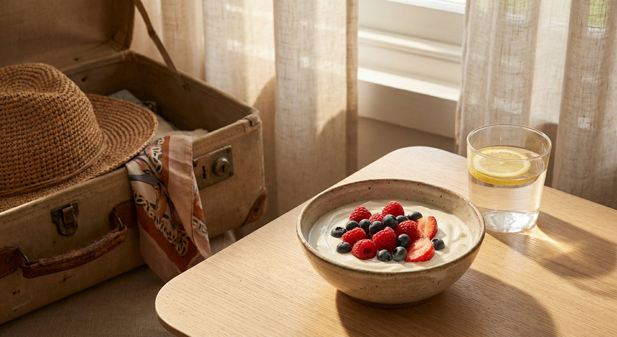 Summer gut-friendly food - yogurt, fruit and water on a bright table