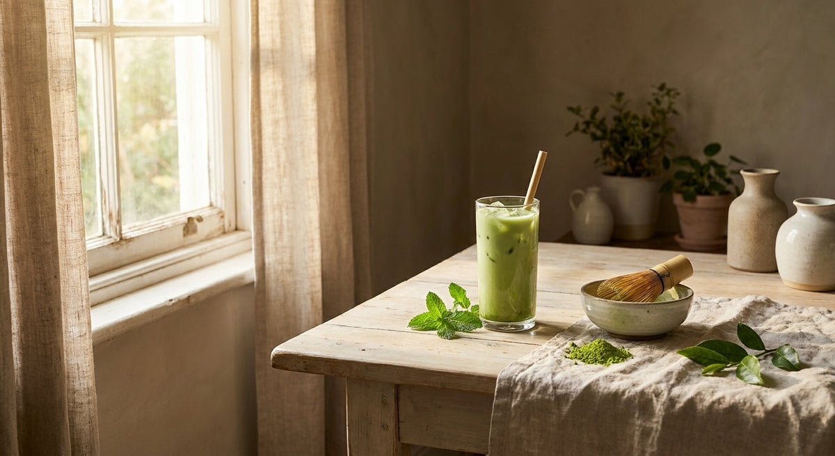Iced matcha with a bamboo whisk and bright green powder on a light table