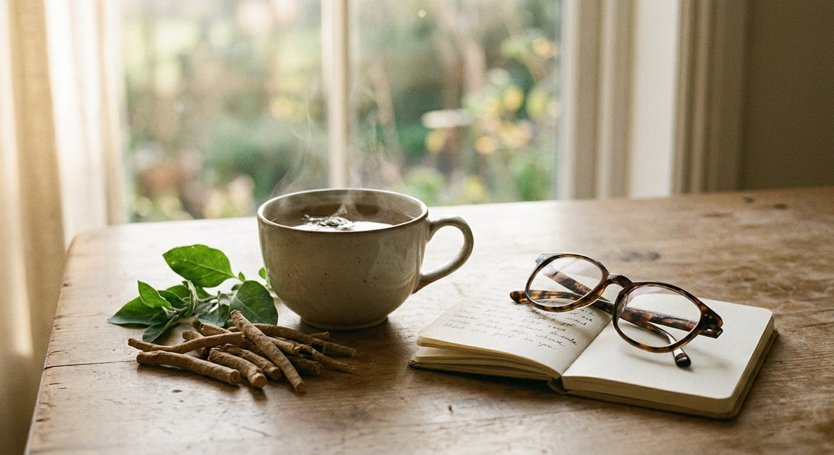 A calm corner with herbal tea and ashwagandha roots on a light table