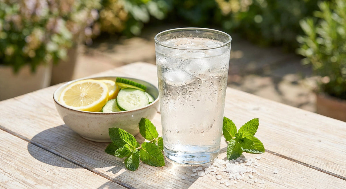 A glass of water with lemon, cucumber and mint on a light table on a summer day