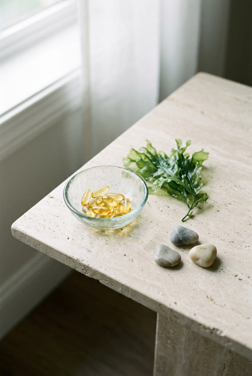 Golden omega-3 capsules with algae and sea pebbles on a light surface