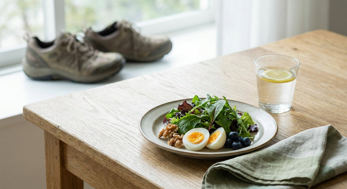 A balanced plate with vegetables, nuts and egg next to a glass of water on a light table