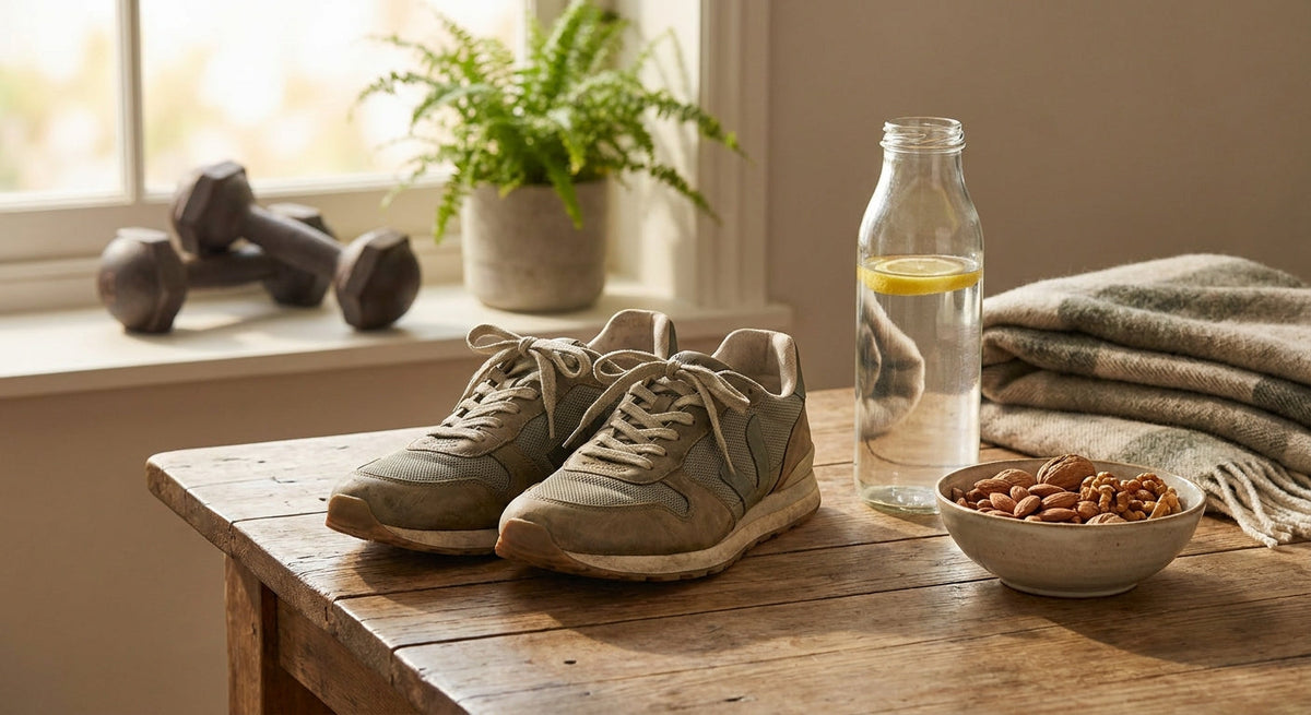 Running shoes, a water bottle and a bowl of nuts on a light table - an active lifestyle
