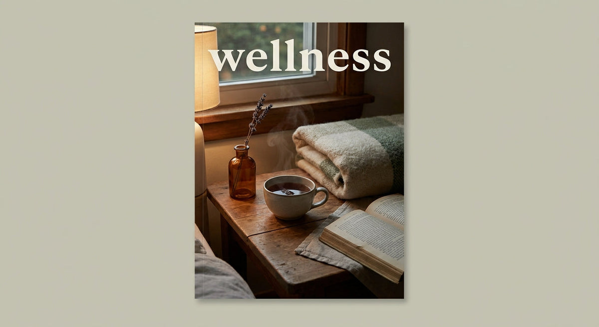 A calm bedside nook with herbal tea, lavender and a book on a light table