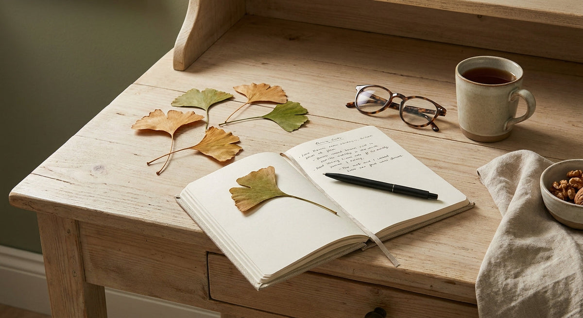 Fan-shaped ginkgo biloba leaves, a notebook and glasses on a light desk