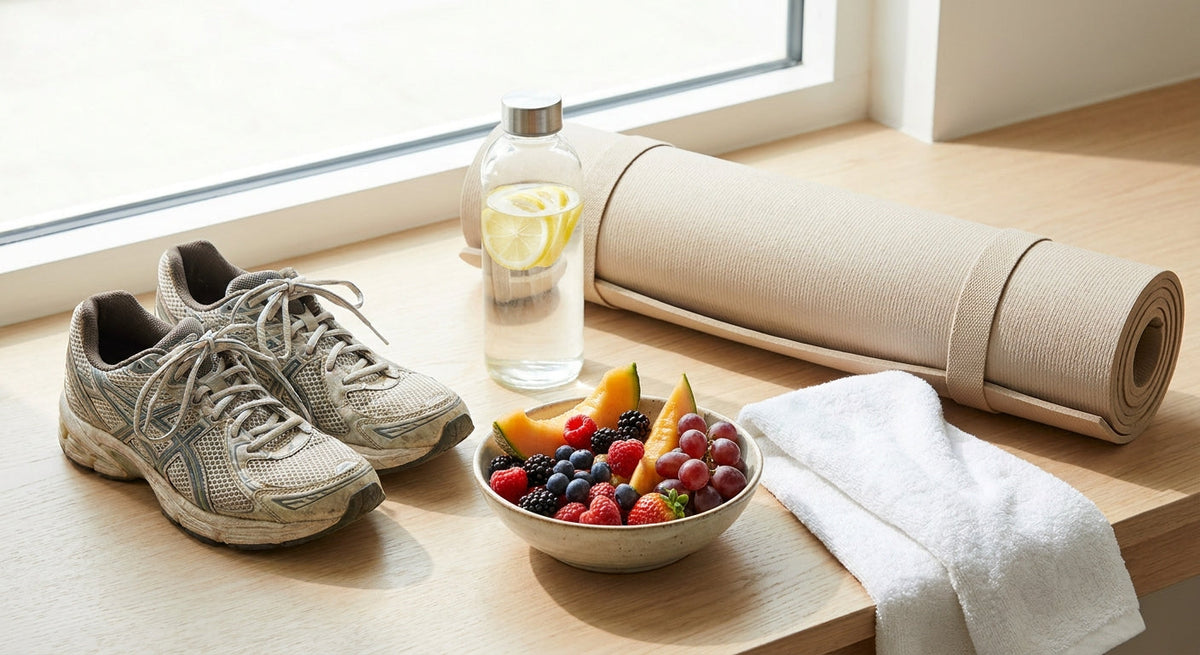 Running shoes, a water bottle, an exercise mat and a bowl of fruit on a light surface