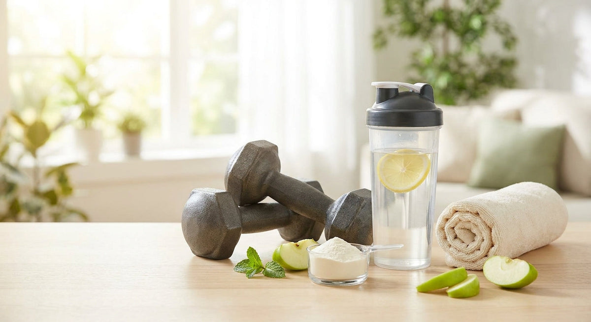 Dumbbells, a shaker bottle with water and a scoop of white powder on a light surface