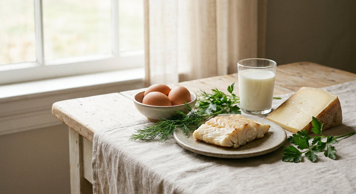 Eggs, fish, cheese and a glass of milk on a light table - foods rich in vitamin B12