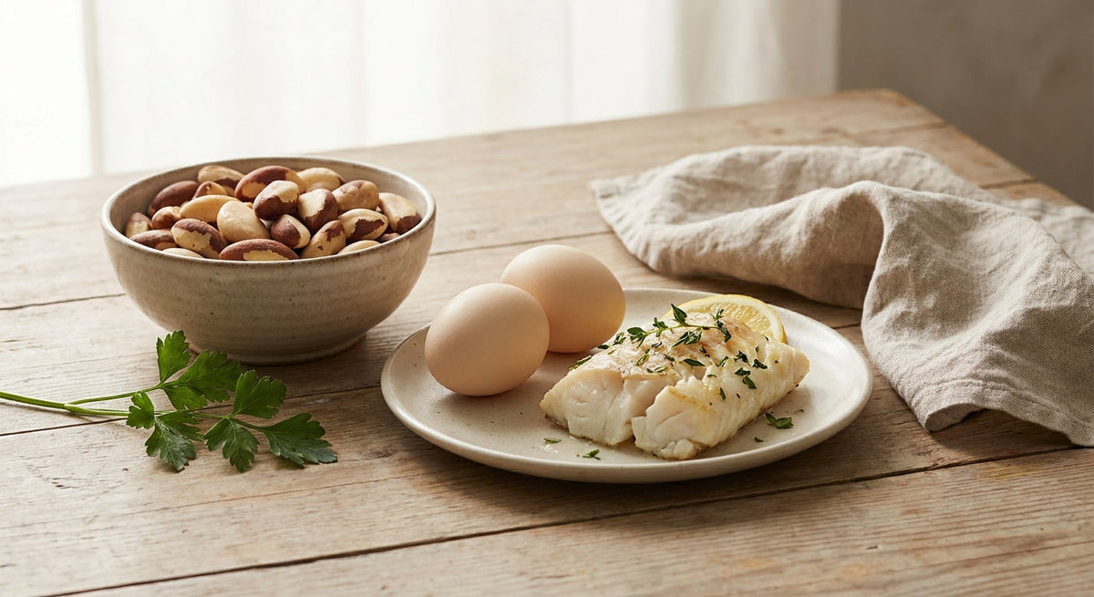 Brazil nuts, eggs and fish on a light table - foods rich in selenium