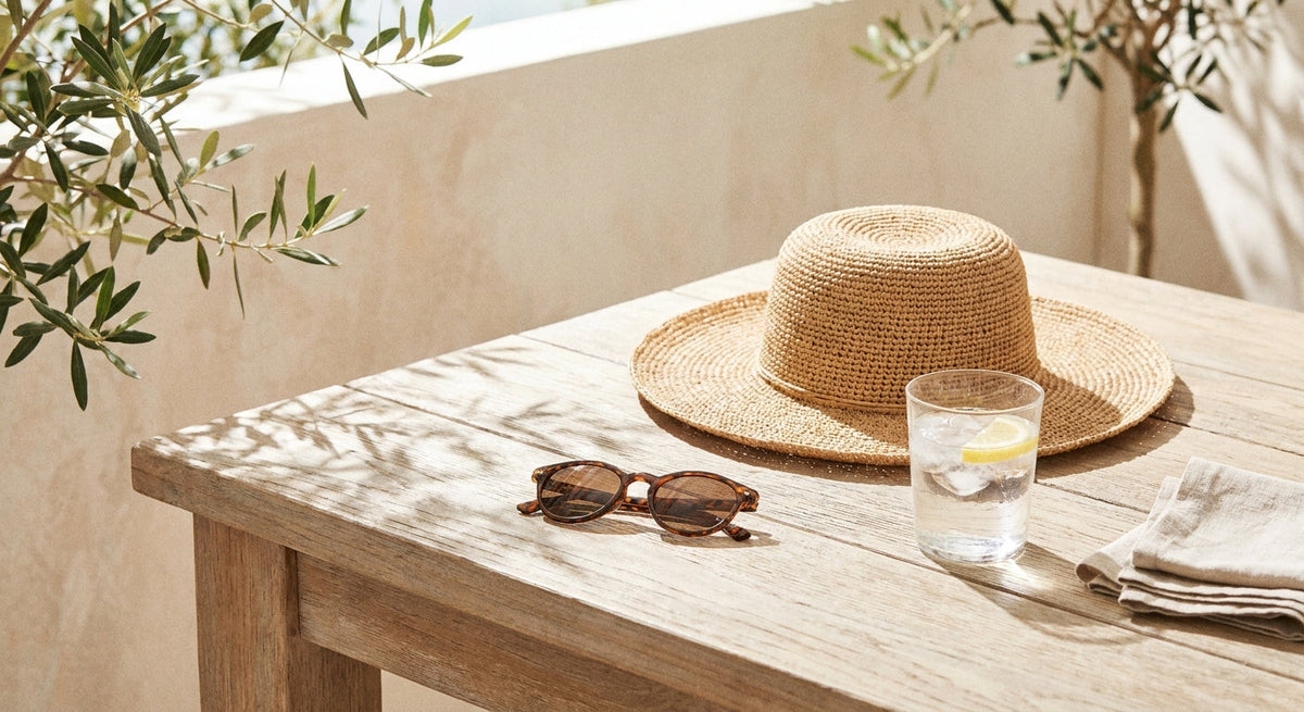 A straw hat, sunglasses and a glass of water on a sunny terrace