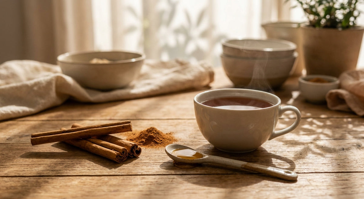 Ceylon cinnamon quills, ground cinnamon, honey and tea on a wooden table