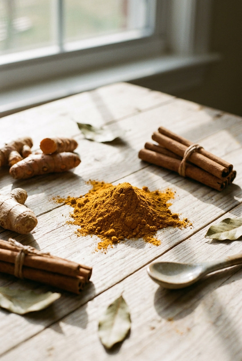 Turmeric powder, turmeric and ginger roots and cinnamon sticks on a wooden table