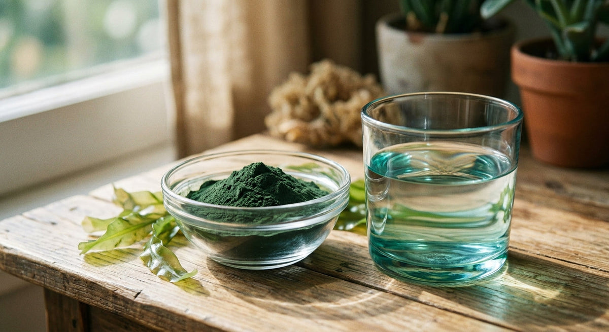 Green microalgae, seaweed and a glass of water in fresh green-blue tones