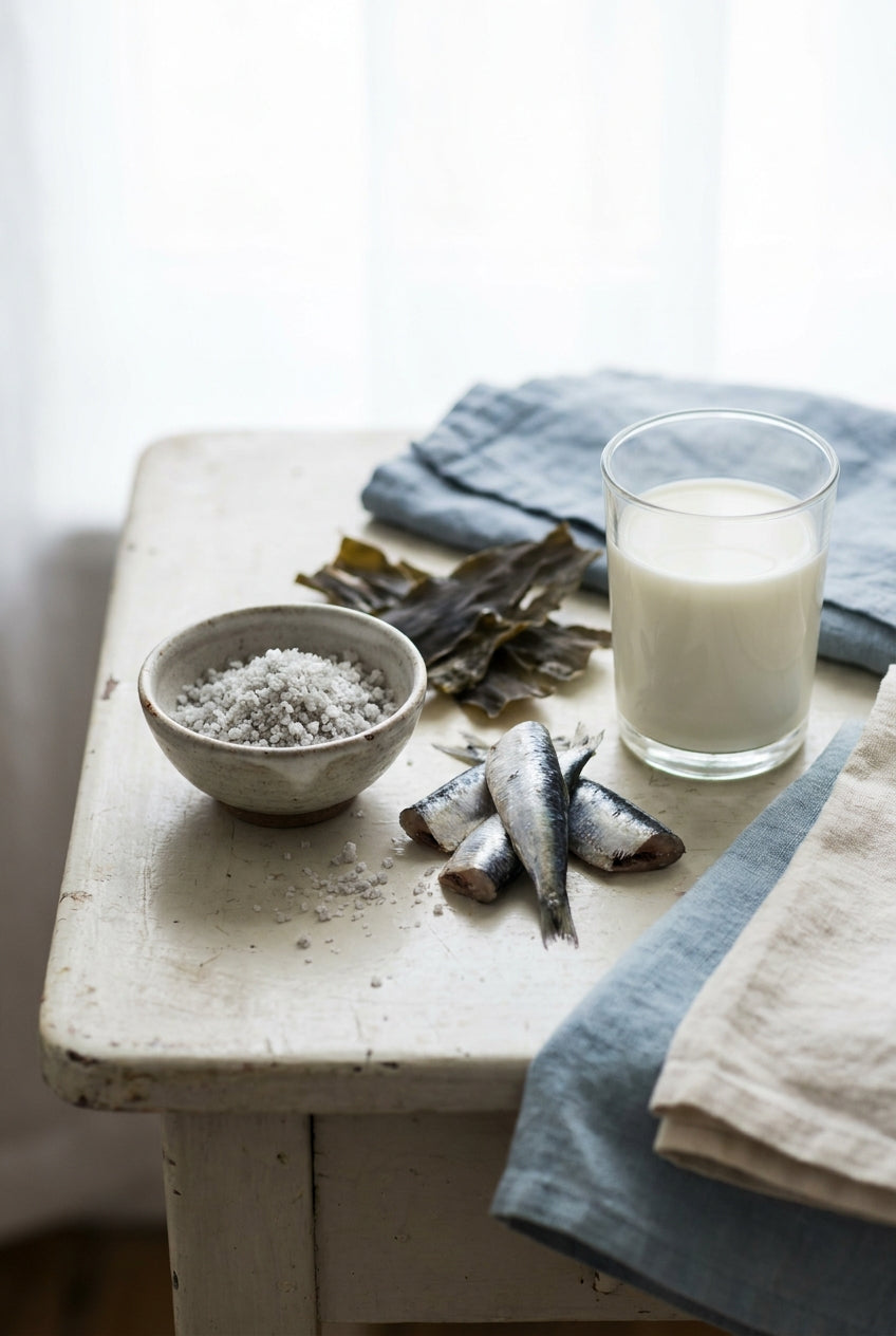 Sea salt, fish, seaweed and a glass of milk as dietary iodine sources