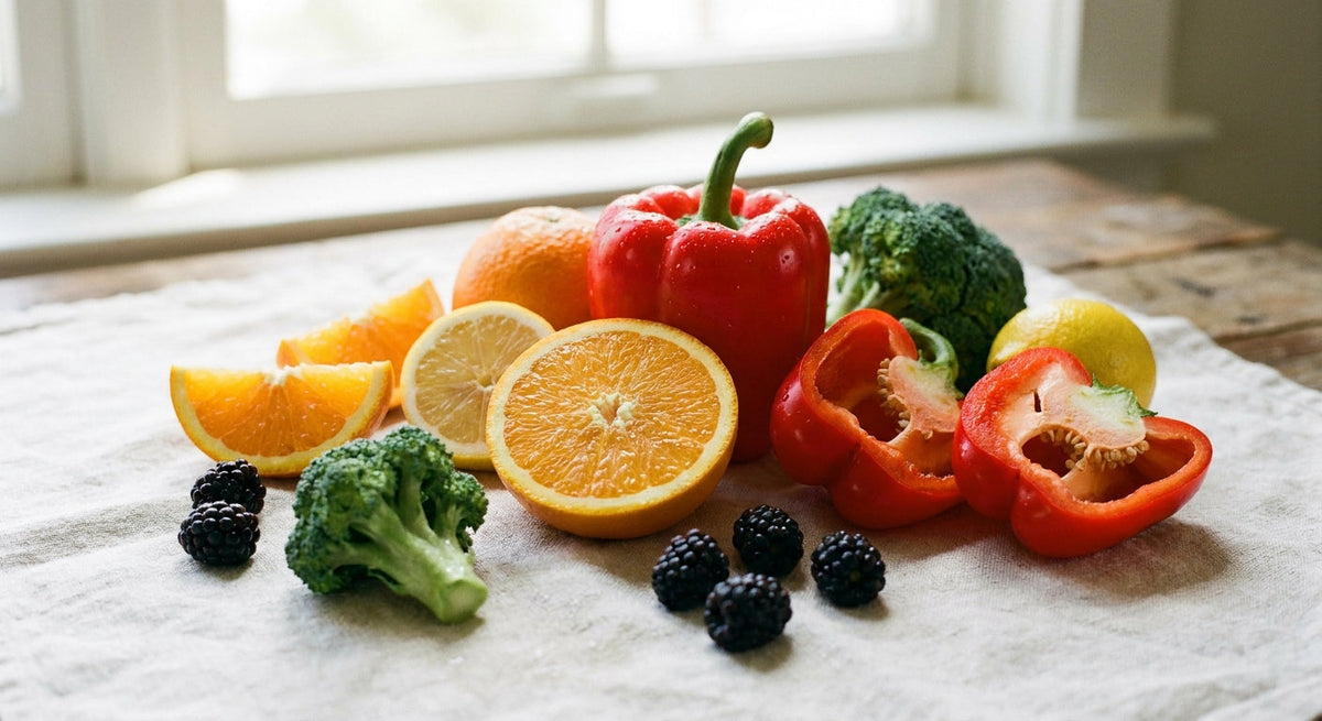 Citrus fruits, peppers, broccoli and blackberries as vitamin C rich foods