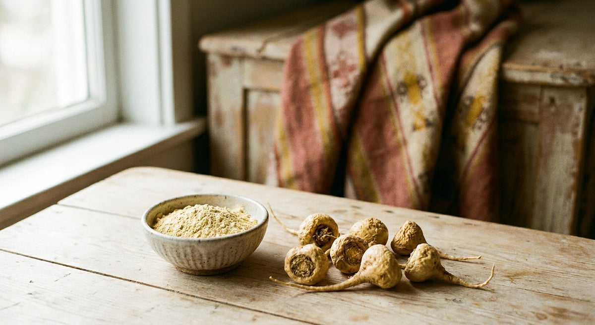Dried maca roots and maca powder on a wooden surface