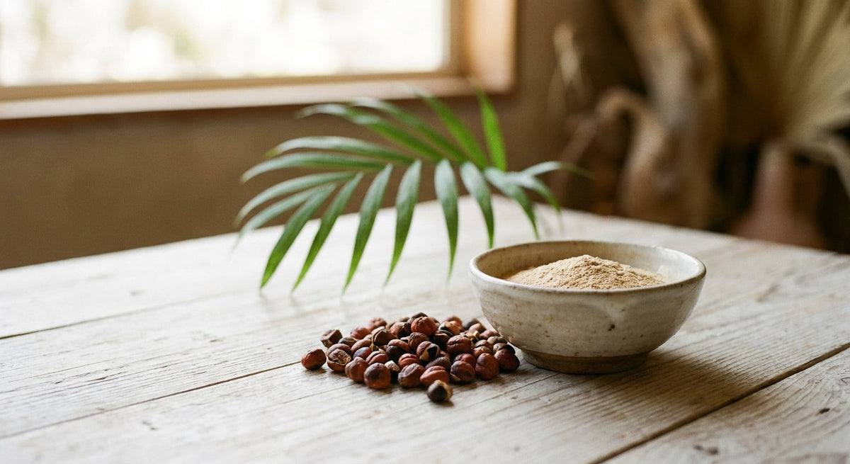 Dried guarana seeds and powder on a wooden surface