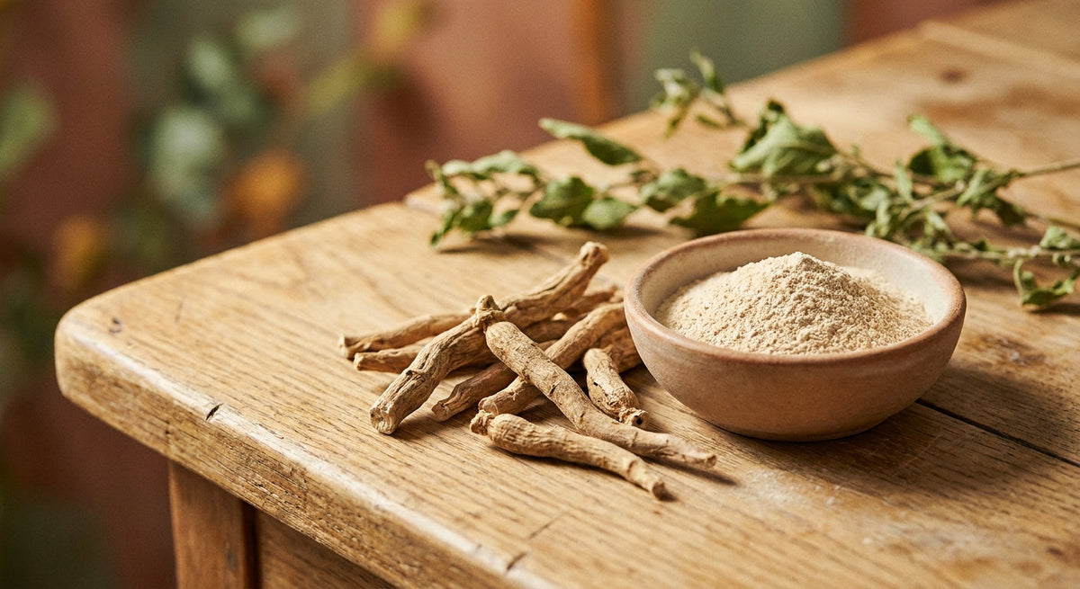 Dried ashwagandha root and powder on a wooden surface