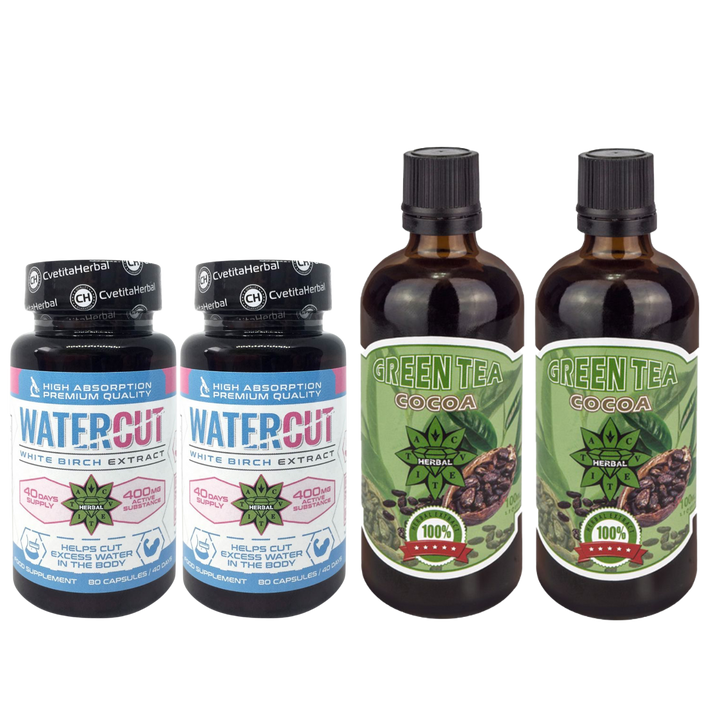 COMBO PACKAGE: Green Tea with Cocoa 100ml + Water Cut (White Birch Extract) 80 caps.