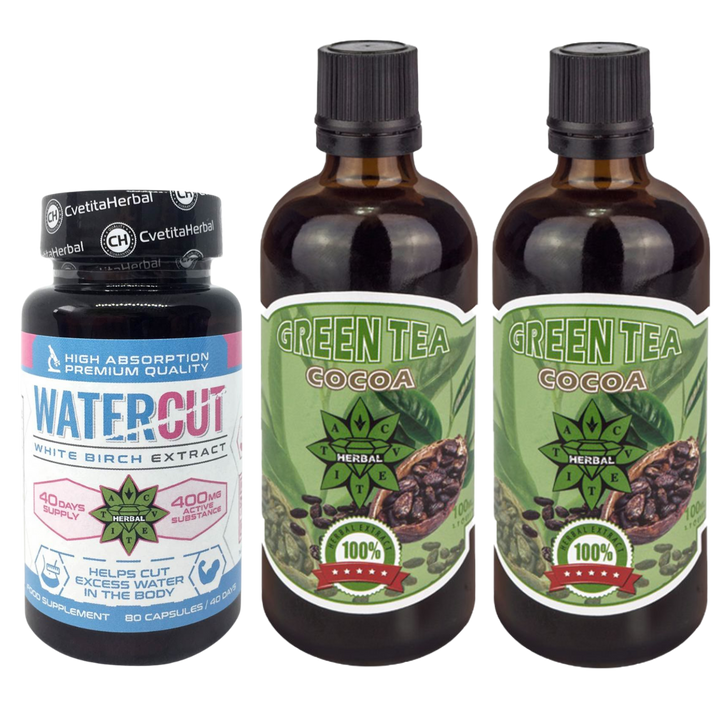 COMBO PACKAGE: Green Tea with Cocoa 100ml + Water Cut (White Birch Extract) 80 caps.