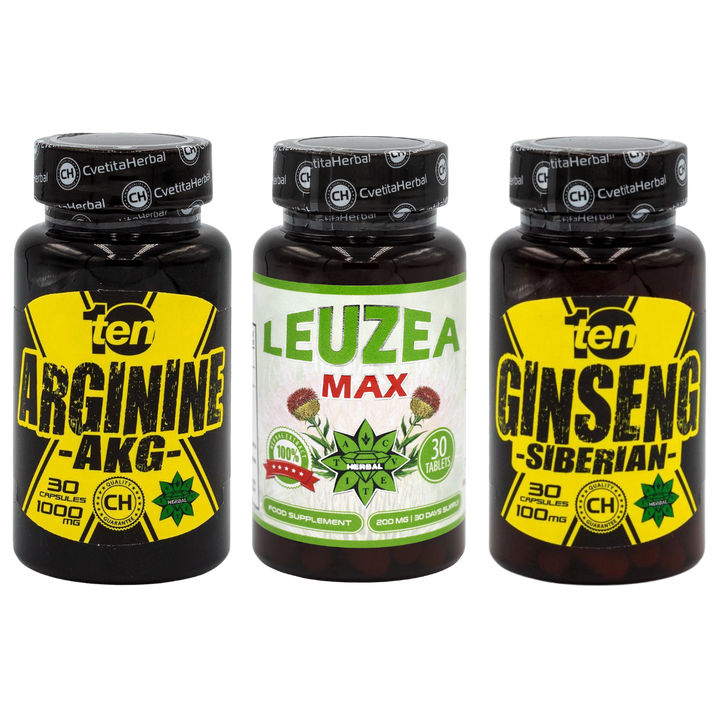 COMBO PACKAGE: Leuzea 30 tablets + TEN Arginine 40 tablets + TEN Siberian Ginseng 30 tablets