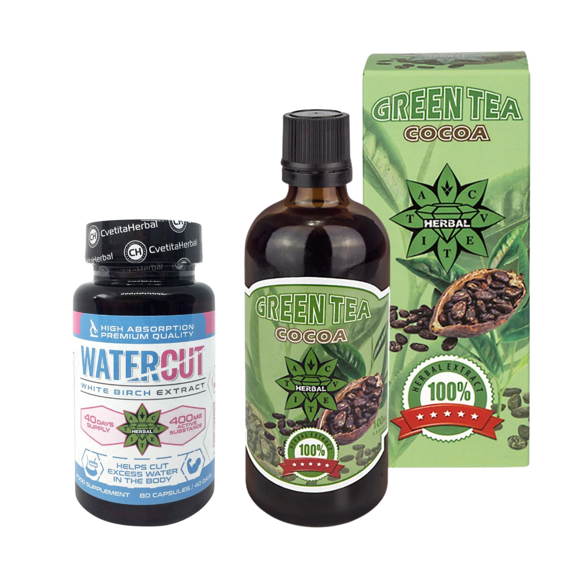 COMBO PACKAGE: Green Tea with Cocoa 100ml + Water Cut (White Birch Extract) 80 caps.