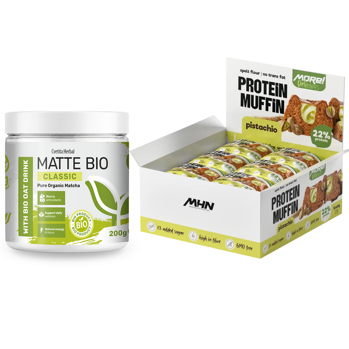 Matte Bio Classic and MHN pistachio protein muffins - combo pack